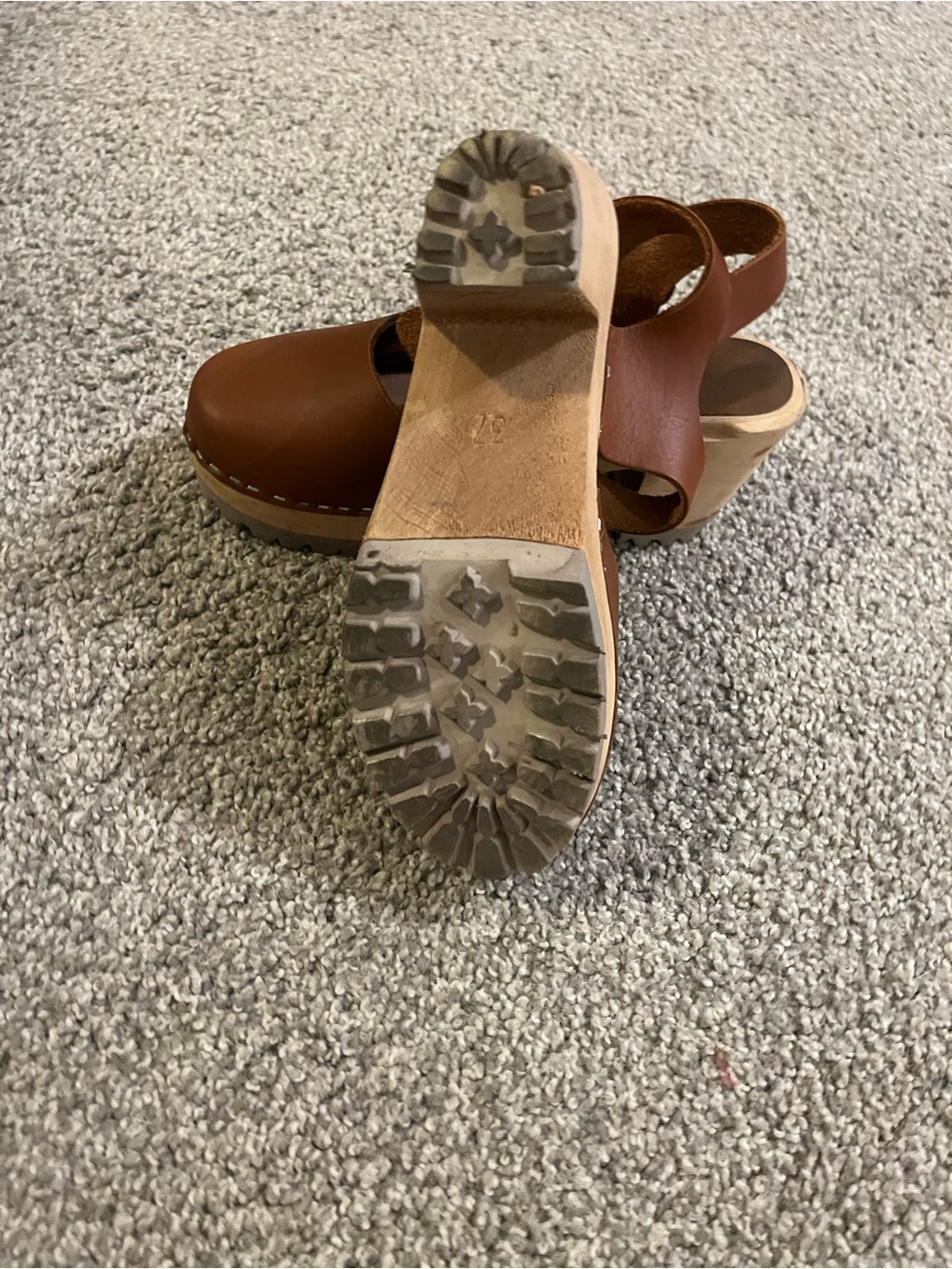 Women's Brown Leather Slingback Clogs with Wood Platform
